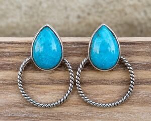 Sterling Silver Turquoise Hoop Stud Earrings Native Style Western Southwest 925